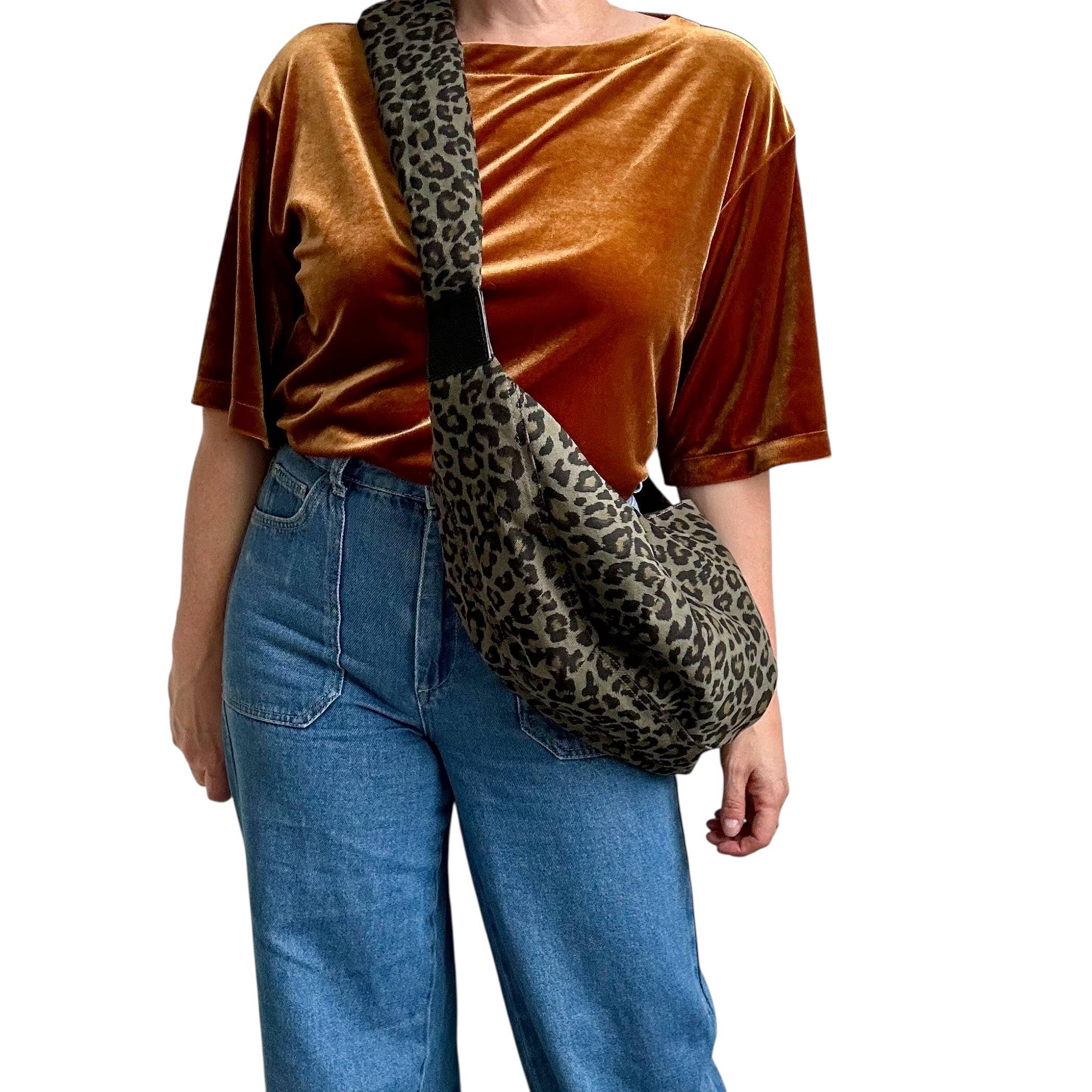 Brixton cross body sling bag - green leopard print  - large