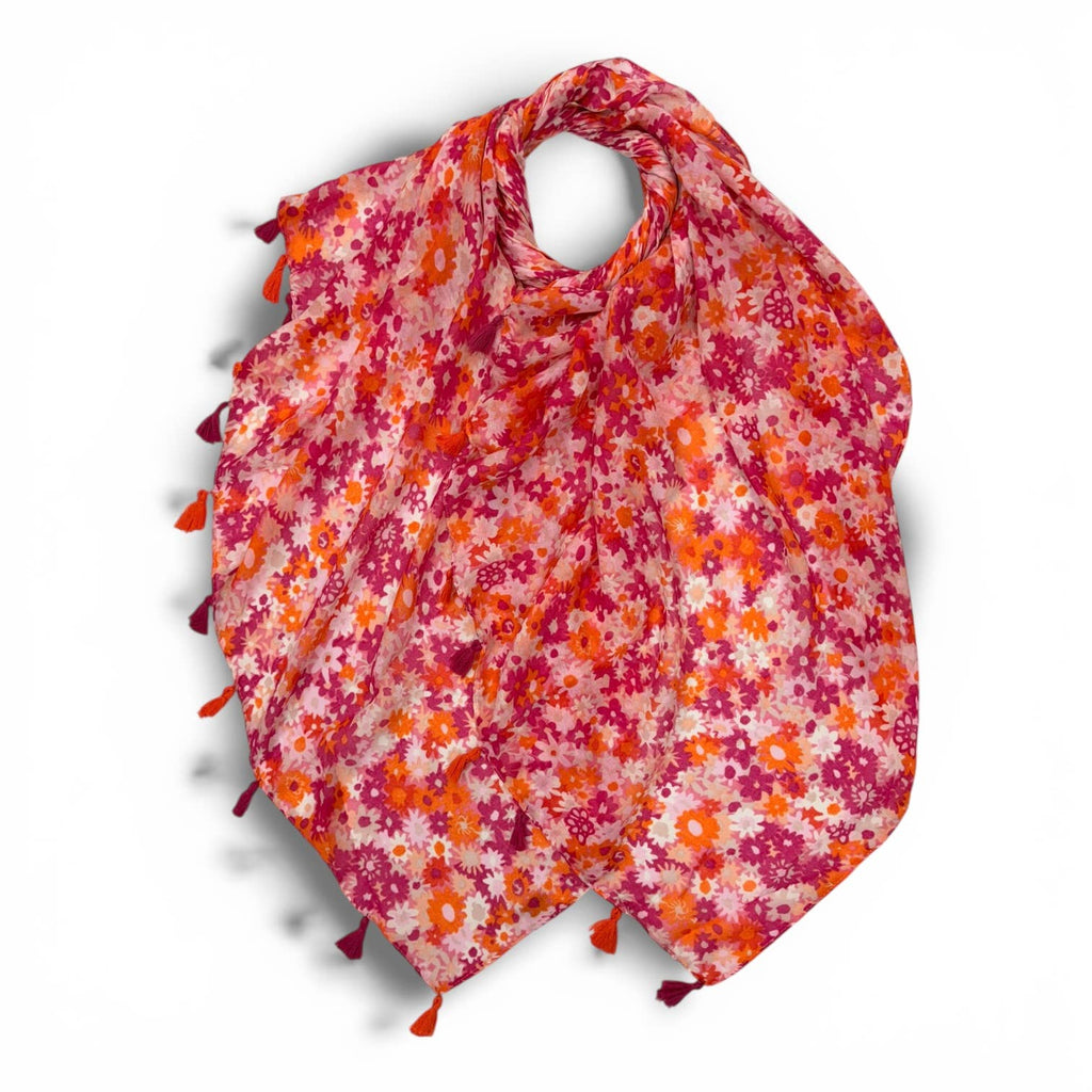 Ladies Meadow Floral Print Scarf with Tassels