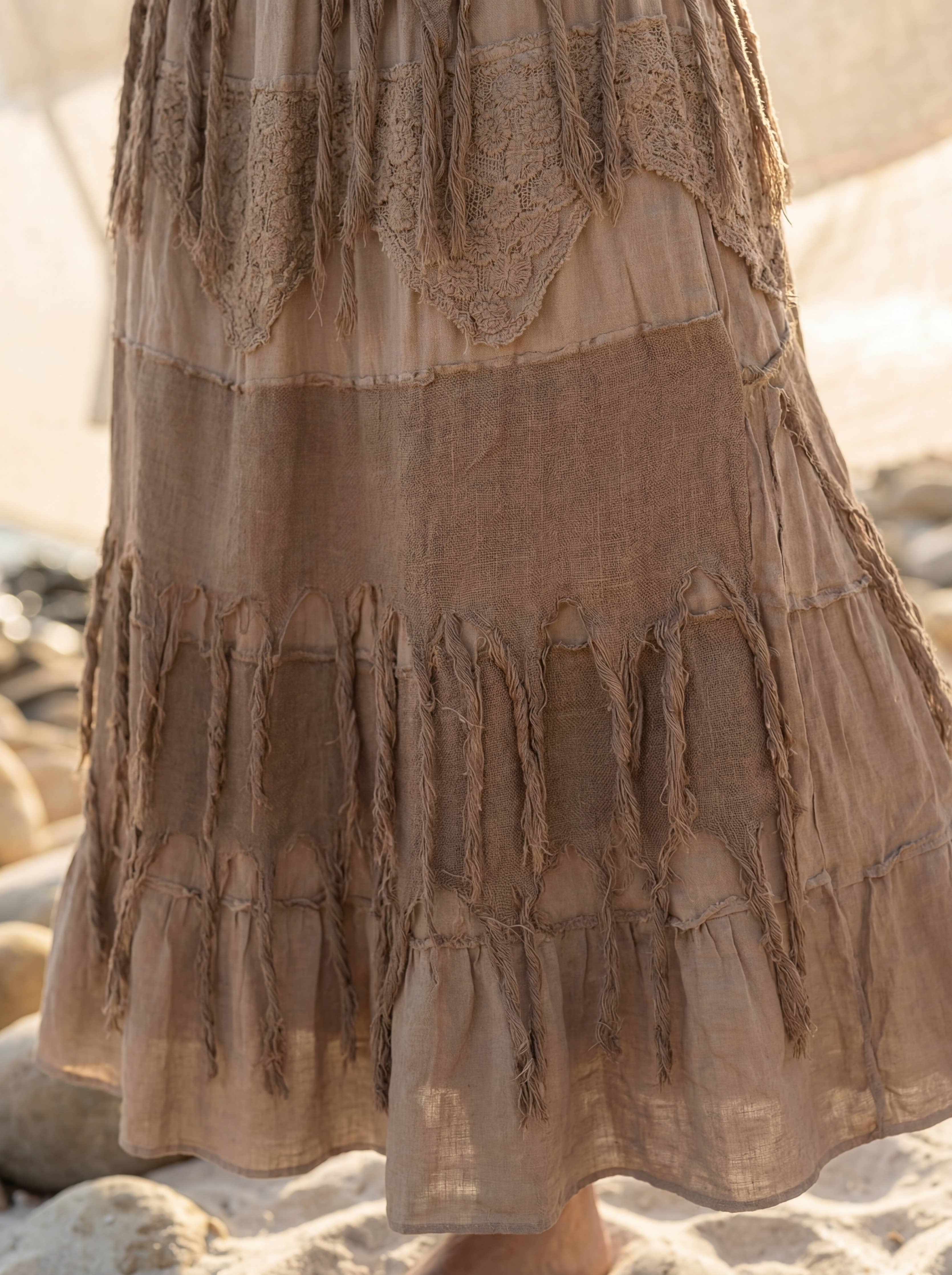 Tiered Boho Cotton Maxi Skirt Raw Fringe, Lace, Skirt