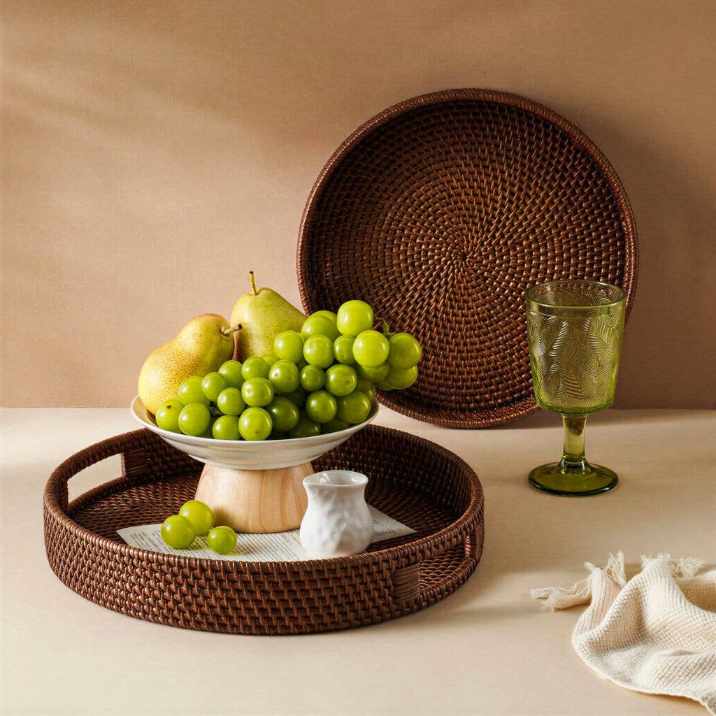 Rattan Trays - Round Hand Woven Wicker Serving Tray Decor