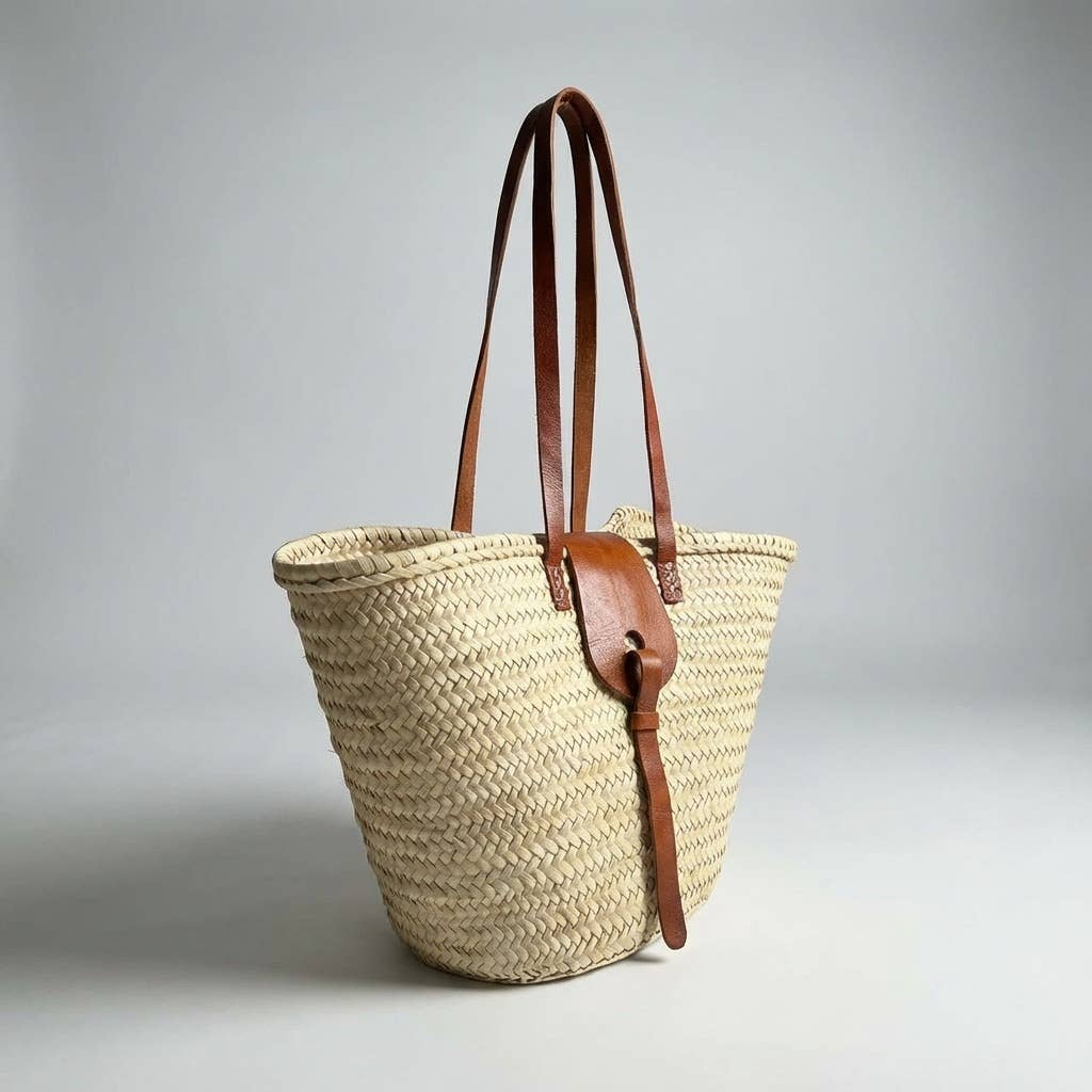 French Market Basket Straw Tote Bag - Leather Handles Summer