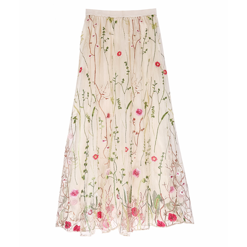 Embroidered Meadow Tulle Skirt in Cream