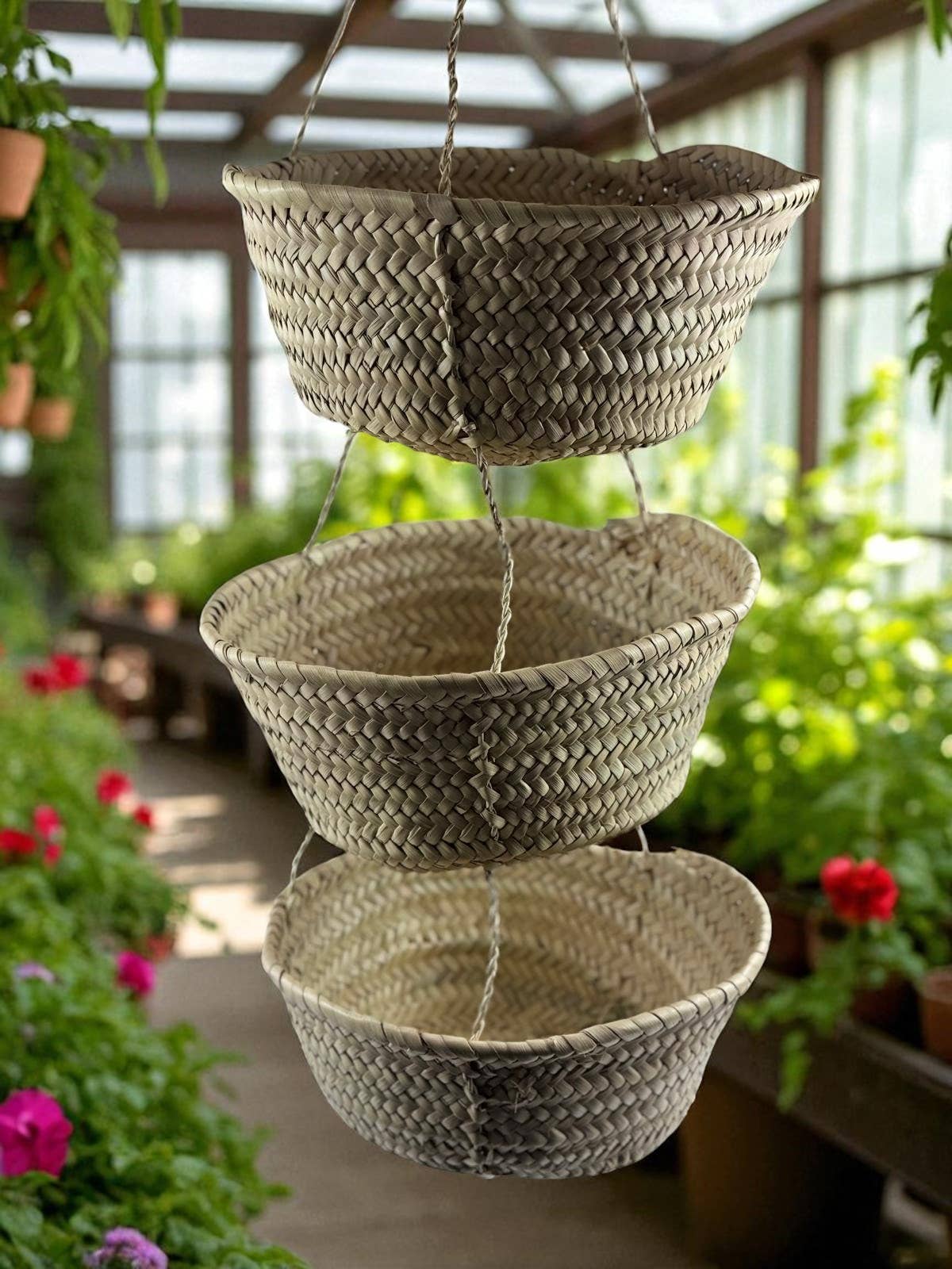 3-Tier Hanging Baskets - Moroccan Palm Leaf Storage Set