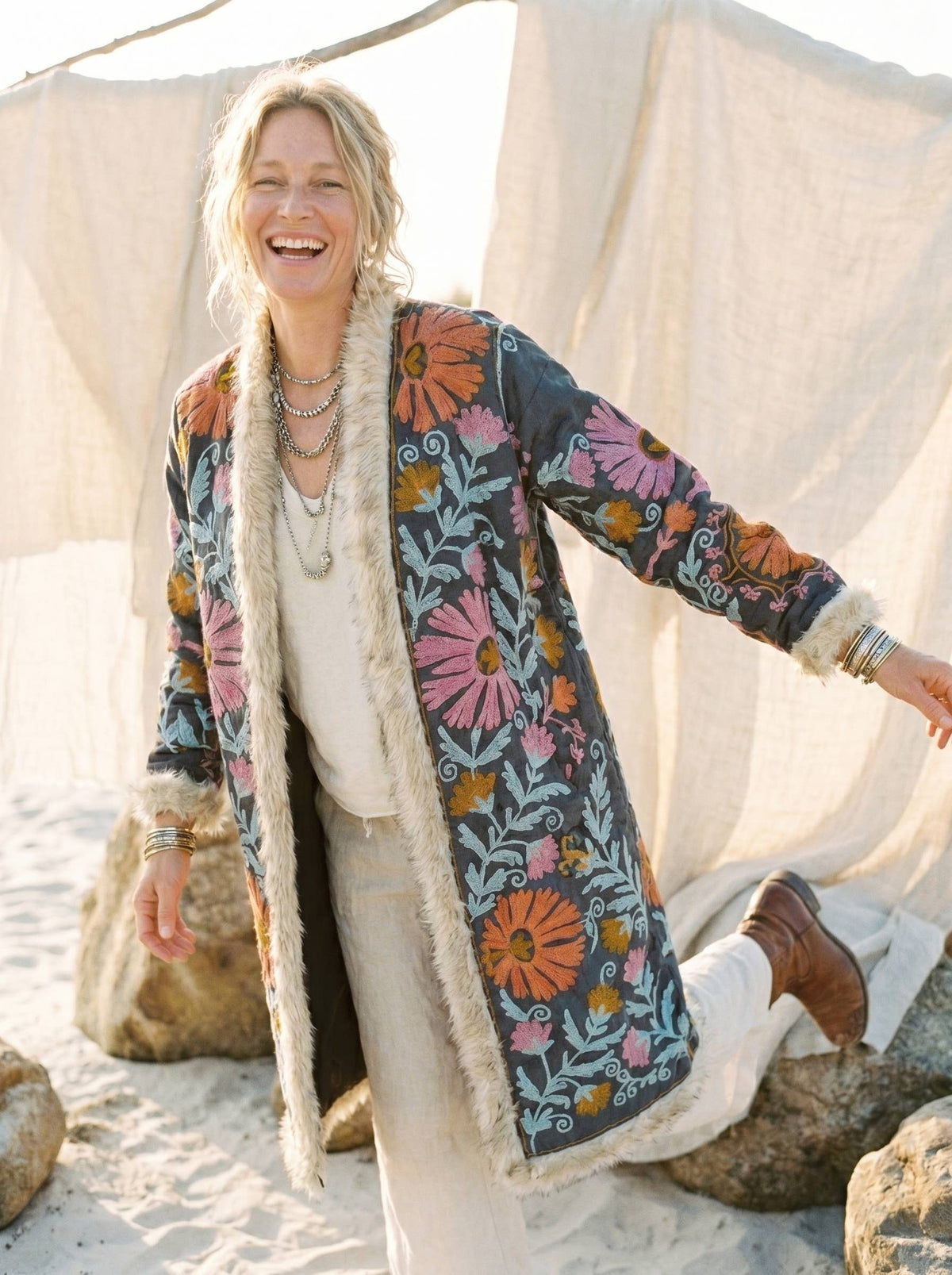 Suzani Embroidered LongCoat Velvet Fur Trim 70s Style Kimono