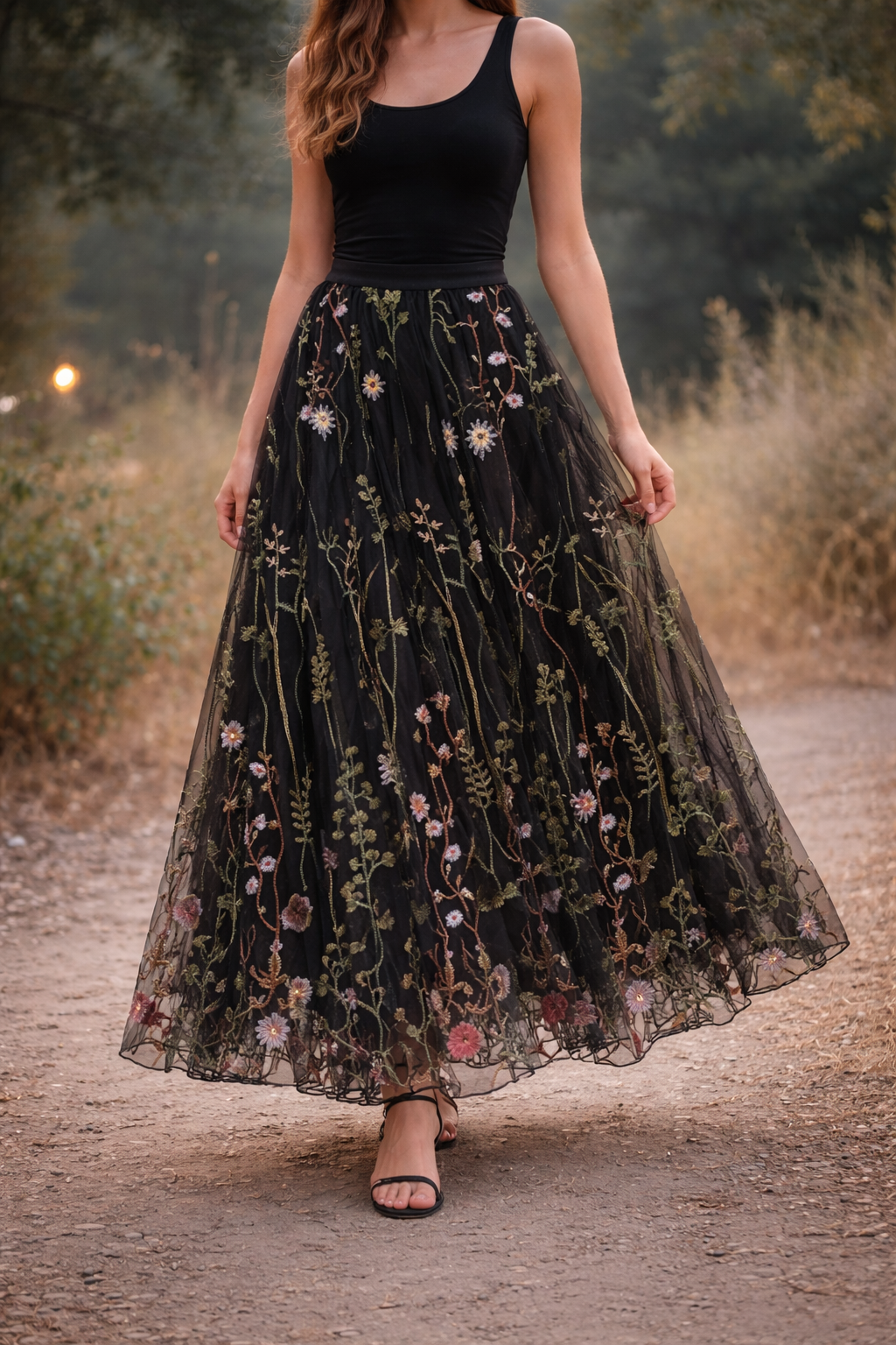 Embroidered Meadow Tulle Skirt in Black