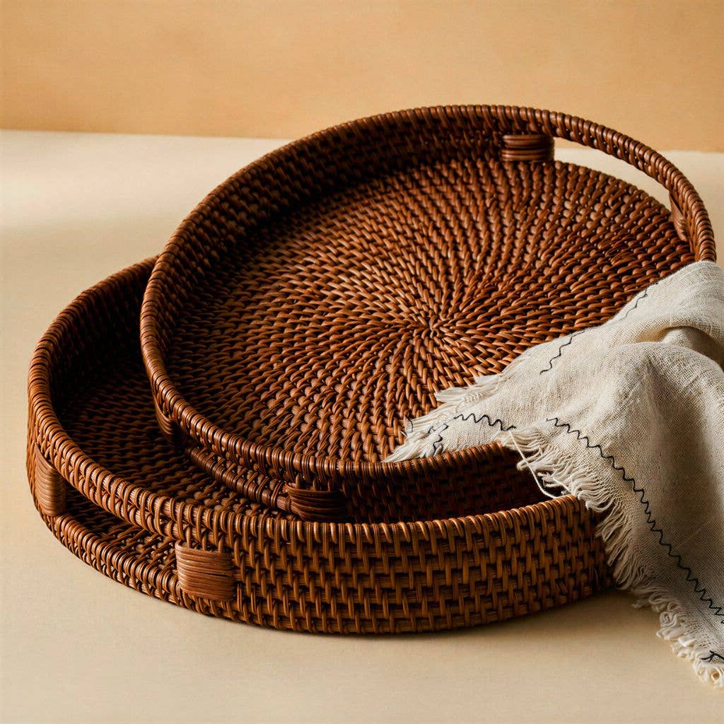 Rattan Trays - Round Hand Woven Wicker Serving Tray Decor