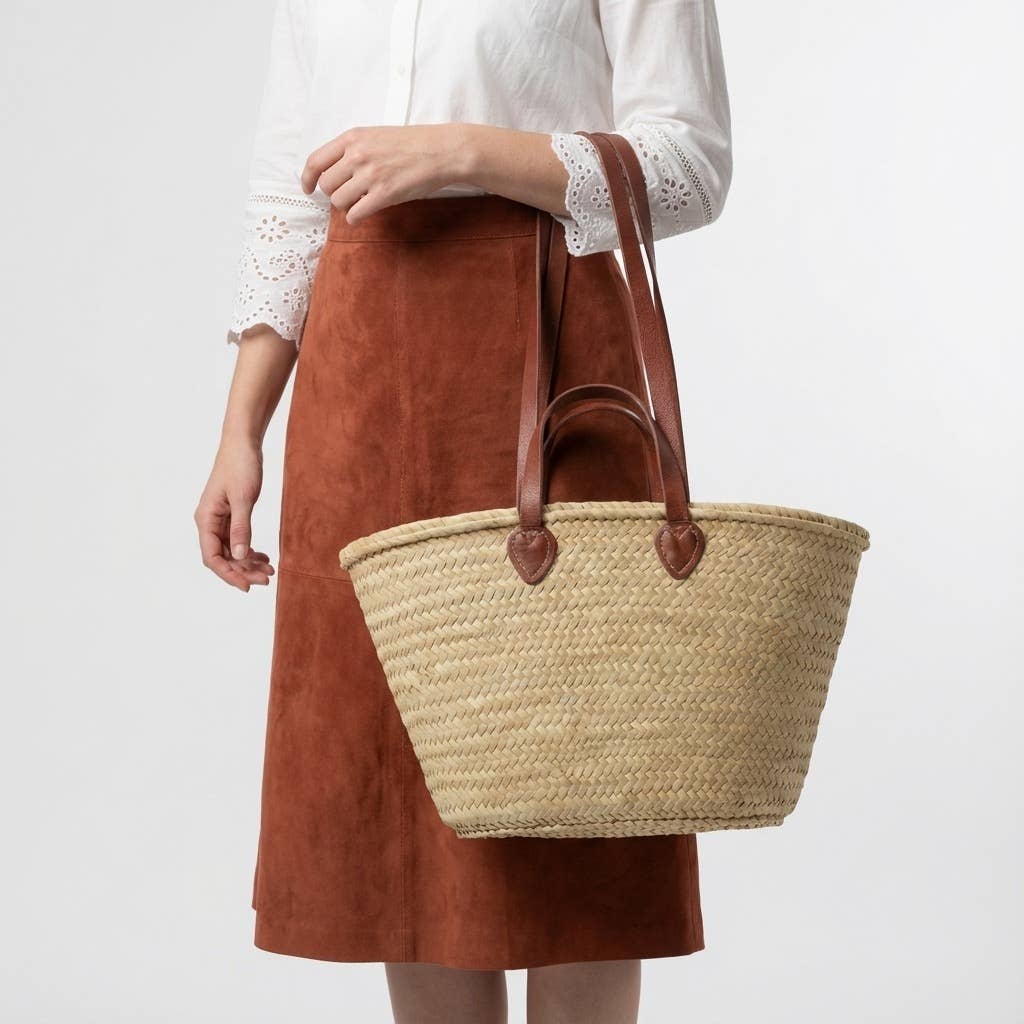 French Market Basket Straw Tote - Double Leather Handles