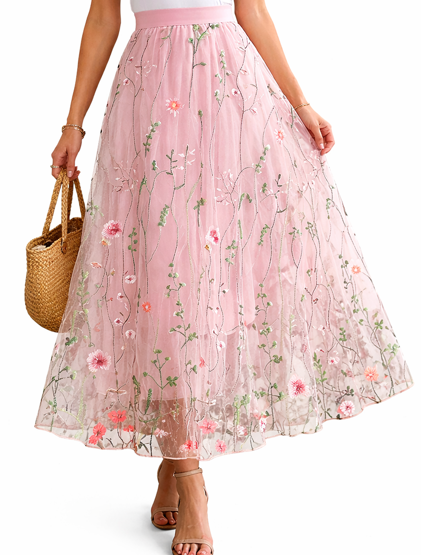 Embroidered Meadow Tulle Skirt in Pink