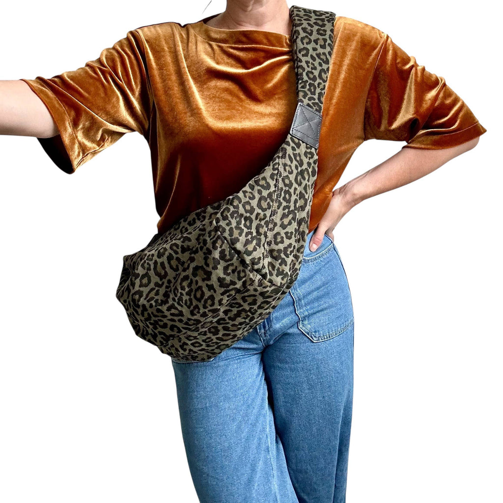 Brixton cross body sling bag - green leopard print  - large