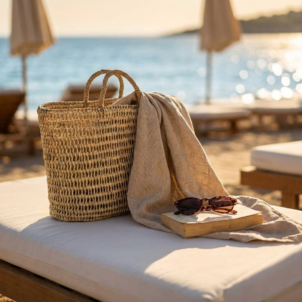 Natural Woven Straw Market Basket - Boho Beach Tote Bag