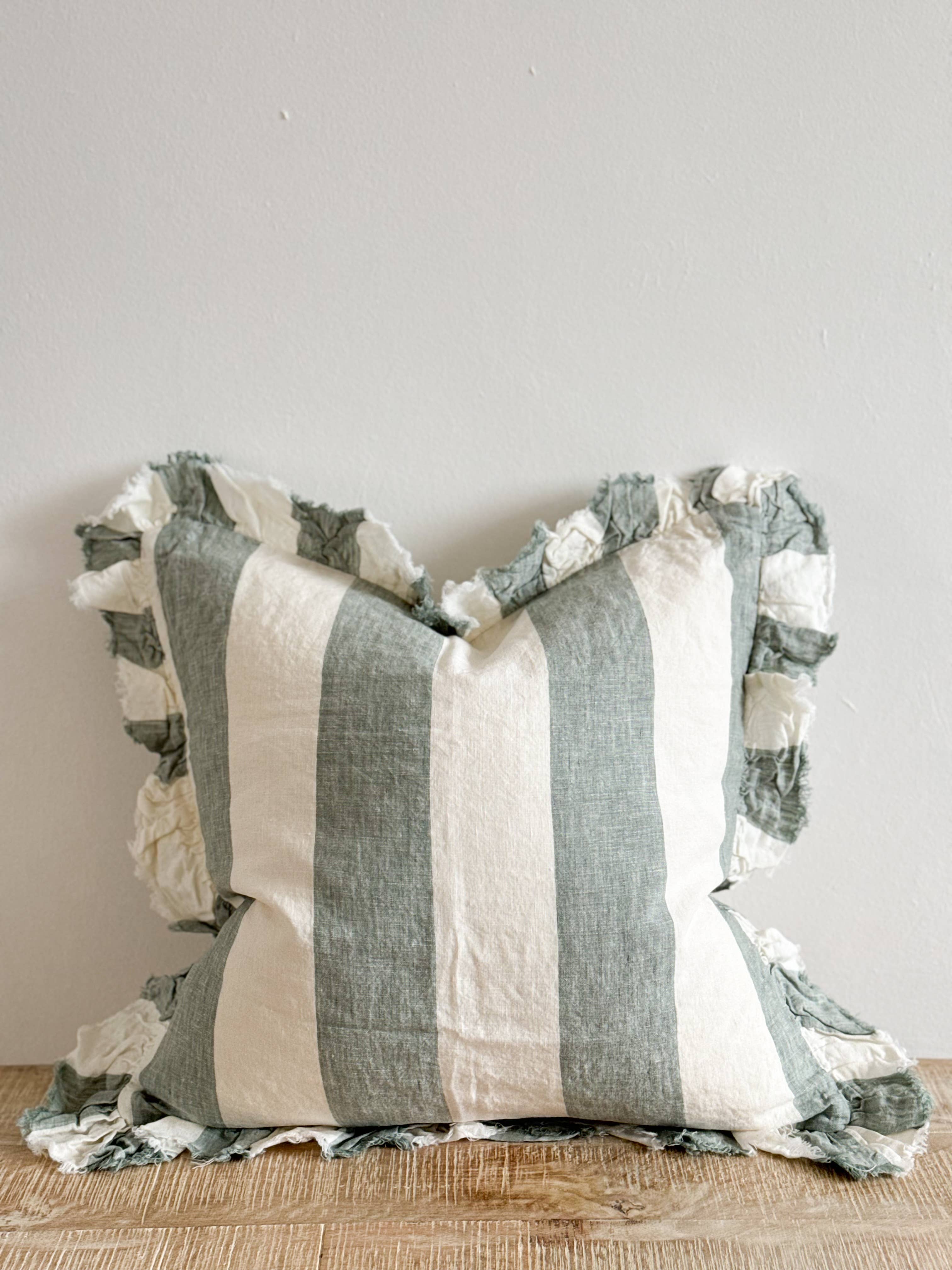 Hallie Ruffled Linen Cushion – Teal Wide Stripe