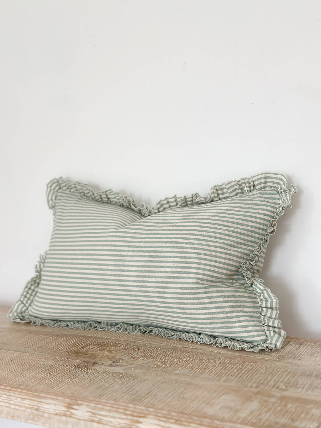 Darcy Ruffle Cotton Cushion 50x30 – Sage Green Stripe