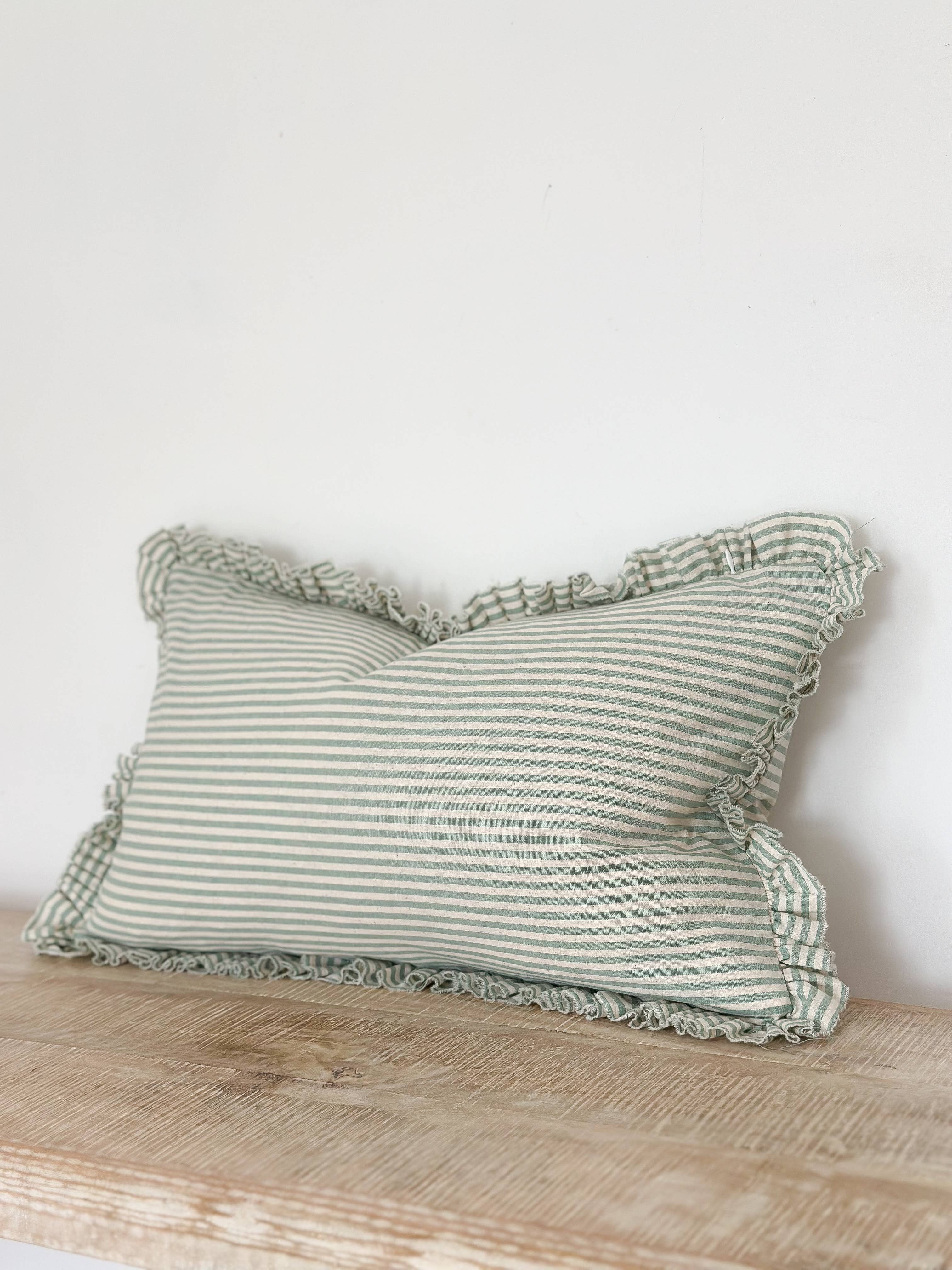 Darcy Ruffle Cotton Cushion 50x30 – Sage Green Stripe
