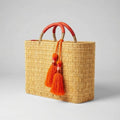 Woven Reed Market Basket - with Orange Leather Handles & Tassels