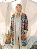 Suzani Embroidered LongCoat Velvet Fur Trim 70s Style Kimono
