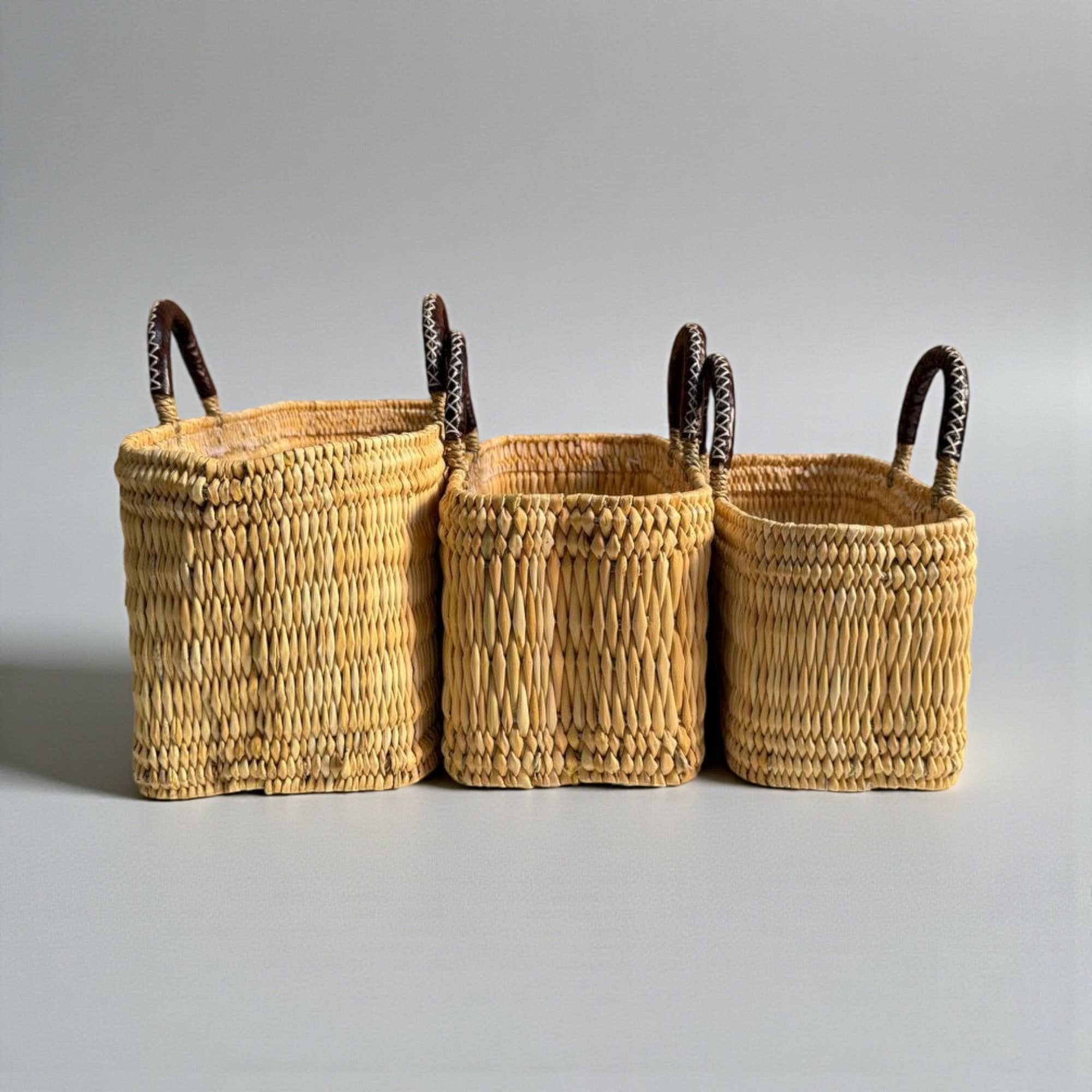 Woven Reed Market Basket - Leather Handle Tote Storage