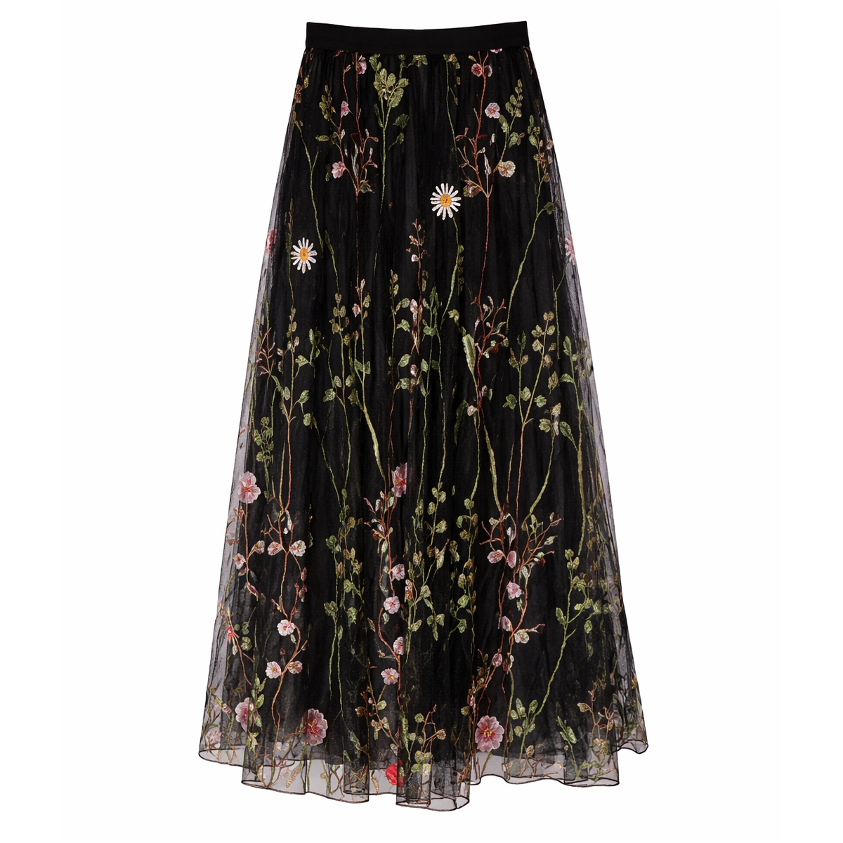 Embroidered Meadow Tulle Skirt in Black