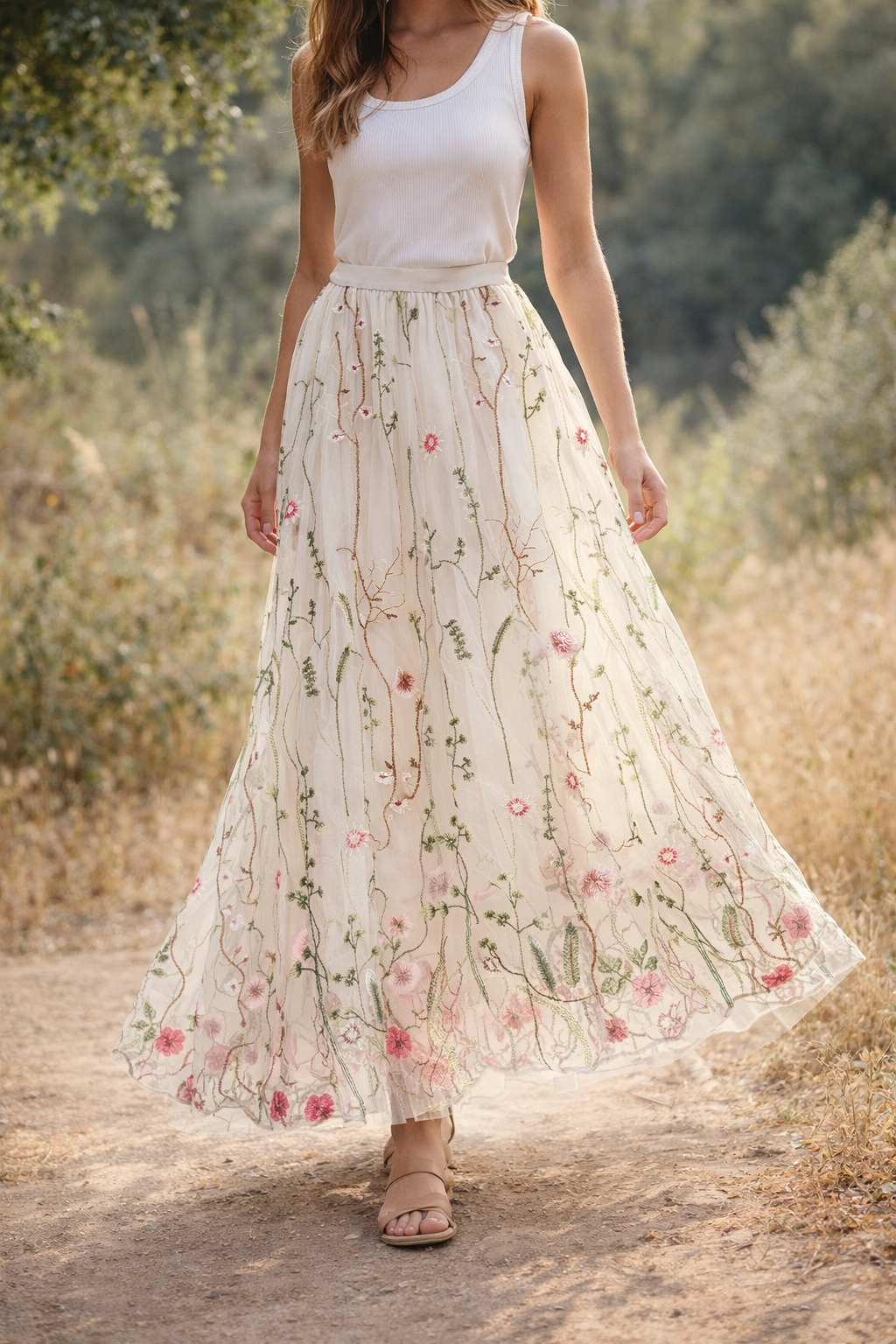 Embroidered Meadow Tulle Skirt in Cream