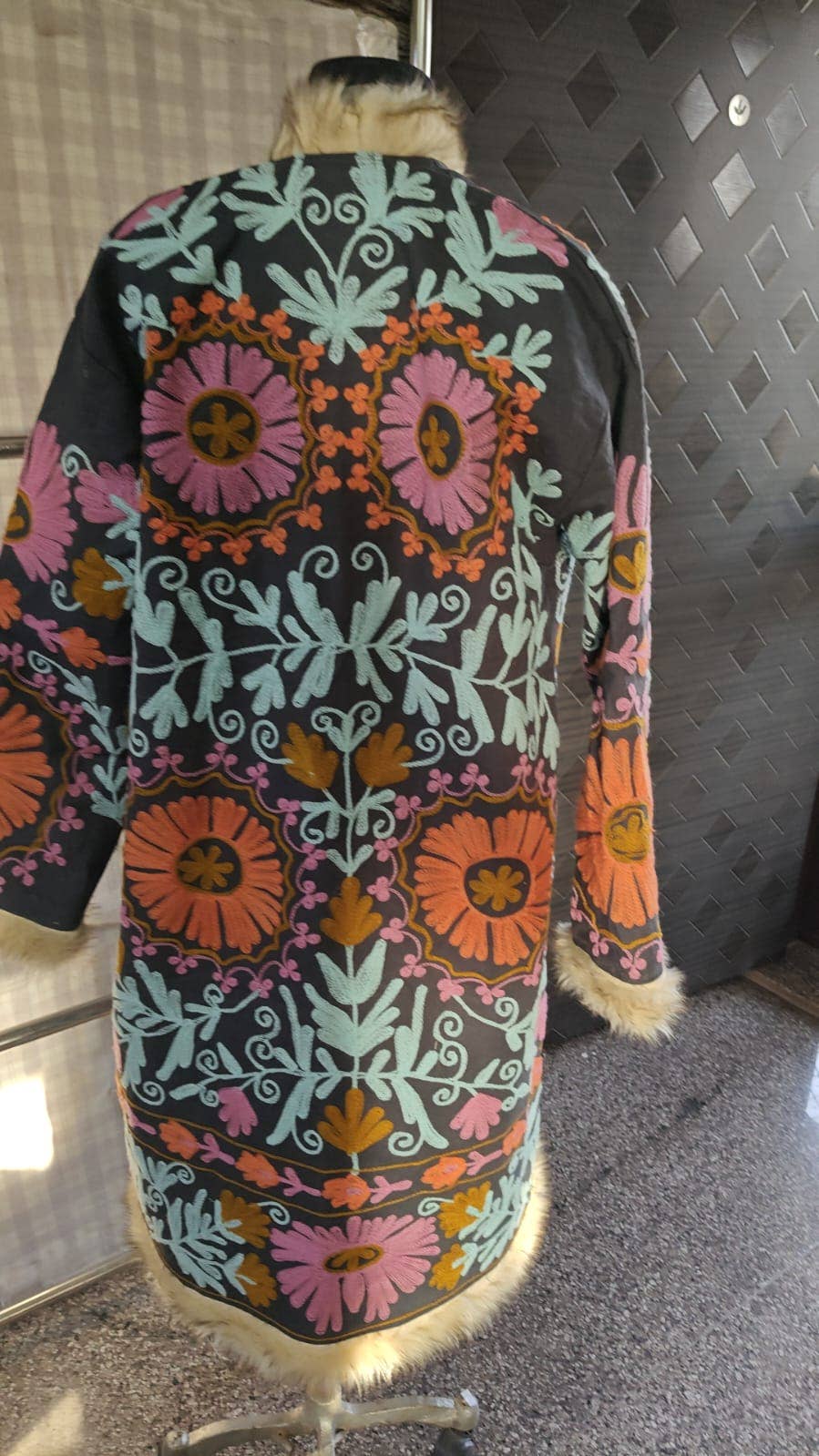 Suzani Embroidered LongCoat Velvet Fur Trim 70s Style Kimono