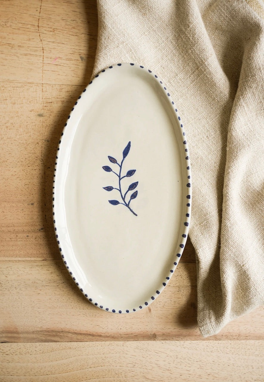 Hand Painted Botanic Oval Plate - Ink